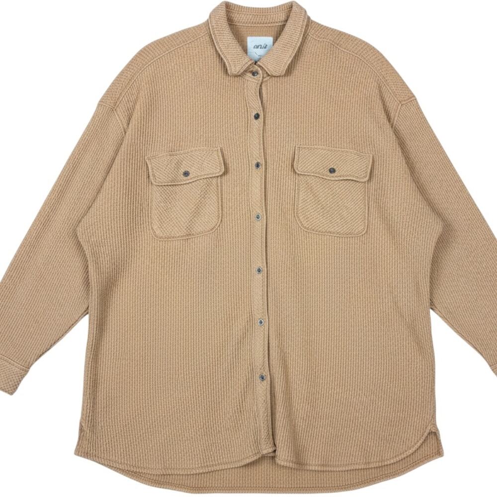 Aerie Lumber Jane Waffle Knit Button-Up Shirt Tan Chest Pockets Oversized XL